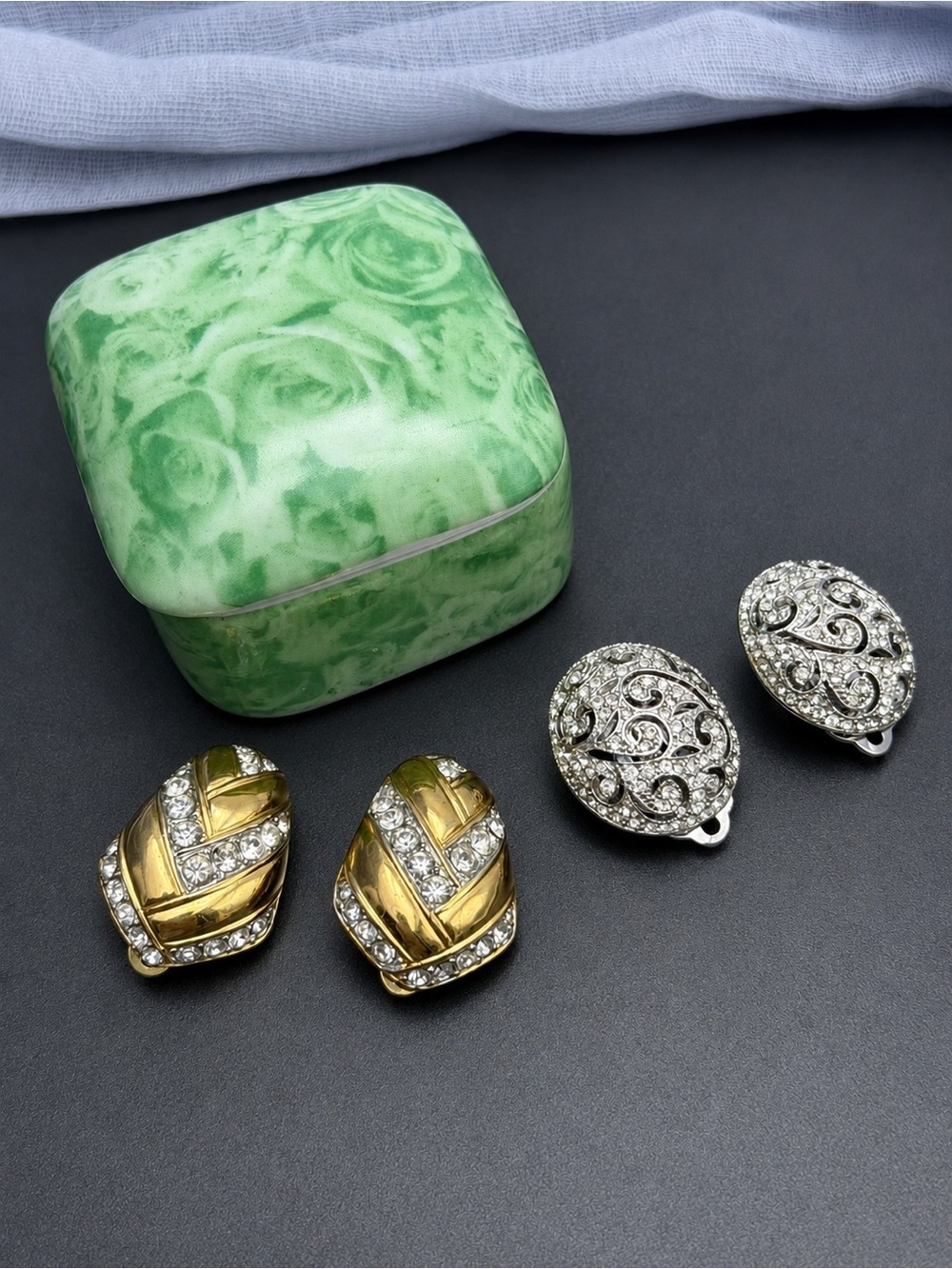 Vintage Oscar De La Renta Clip Earrings and Trinket box